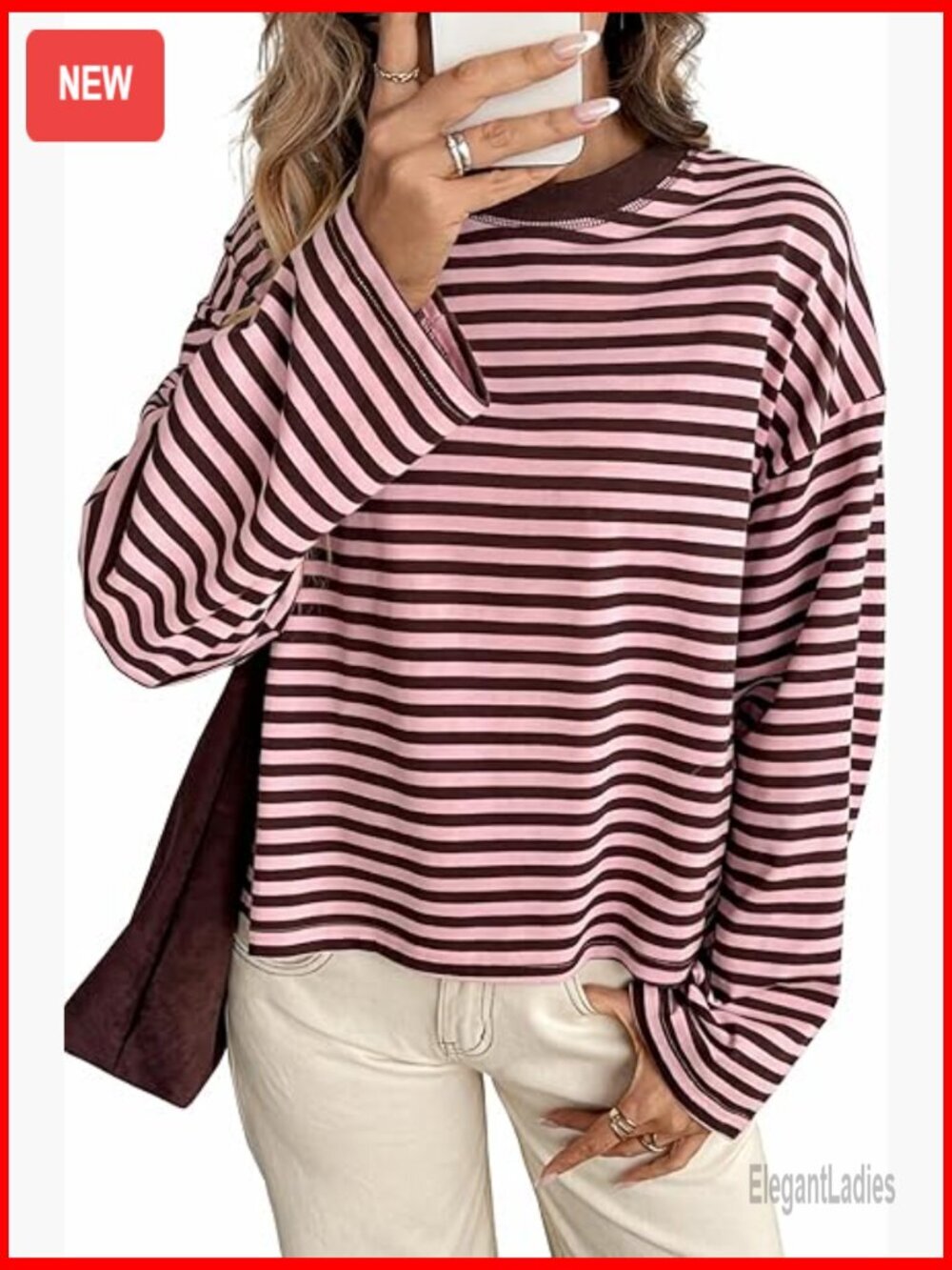 Oversized Striped Long Sleeve T-Shirt, Loose Fit Crewneck, Medium